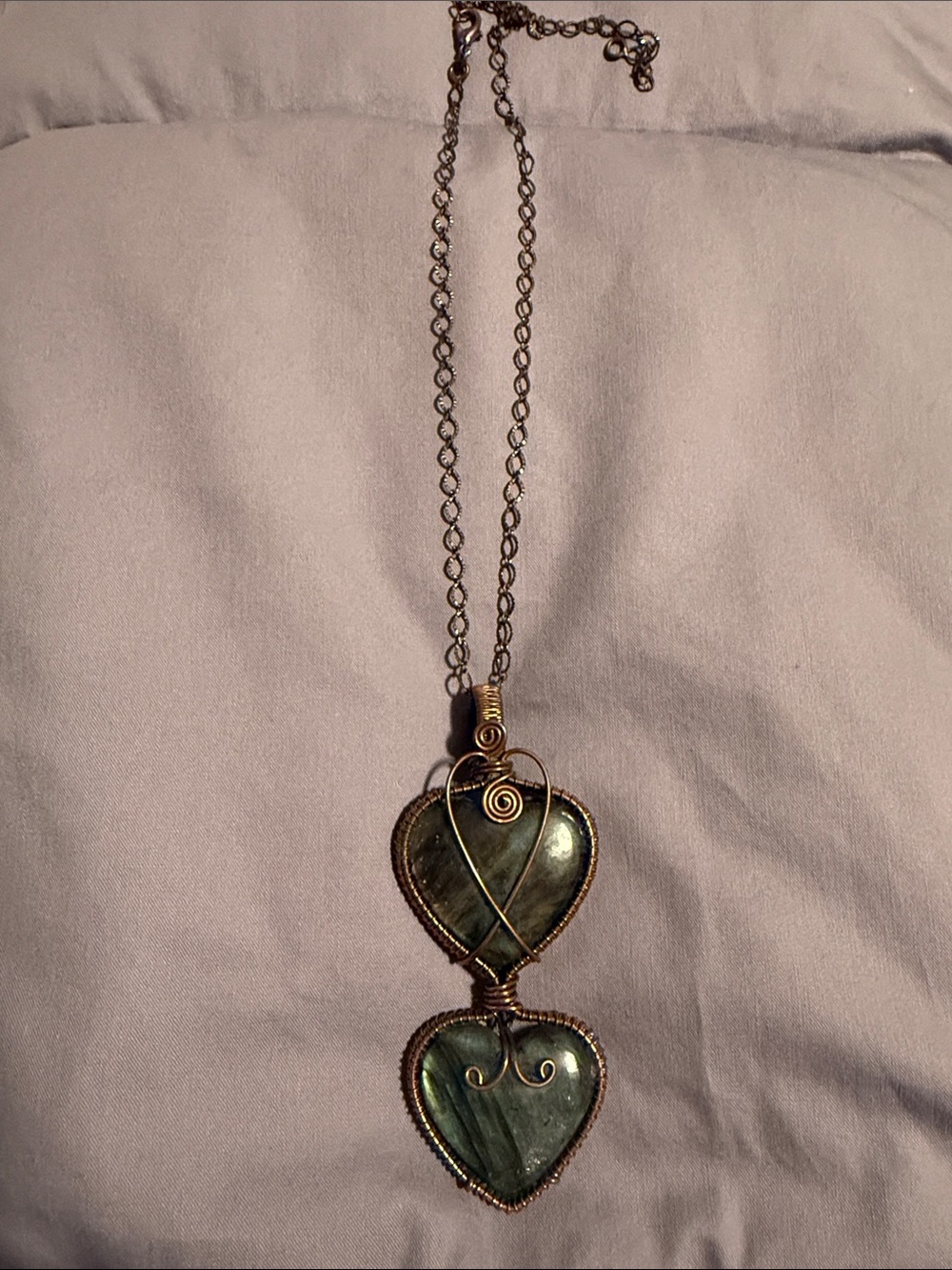 Double Heart Labradorite Stone Pendant Necklace with Antique Cooper Wire
